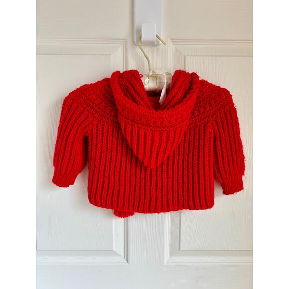 Vintage Hand Knit Bright Red Baby Cardigan with Hood and Tassels, 12 months - Picture 7 of 8